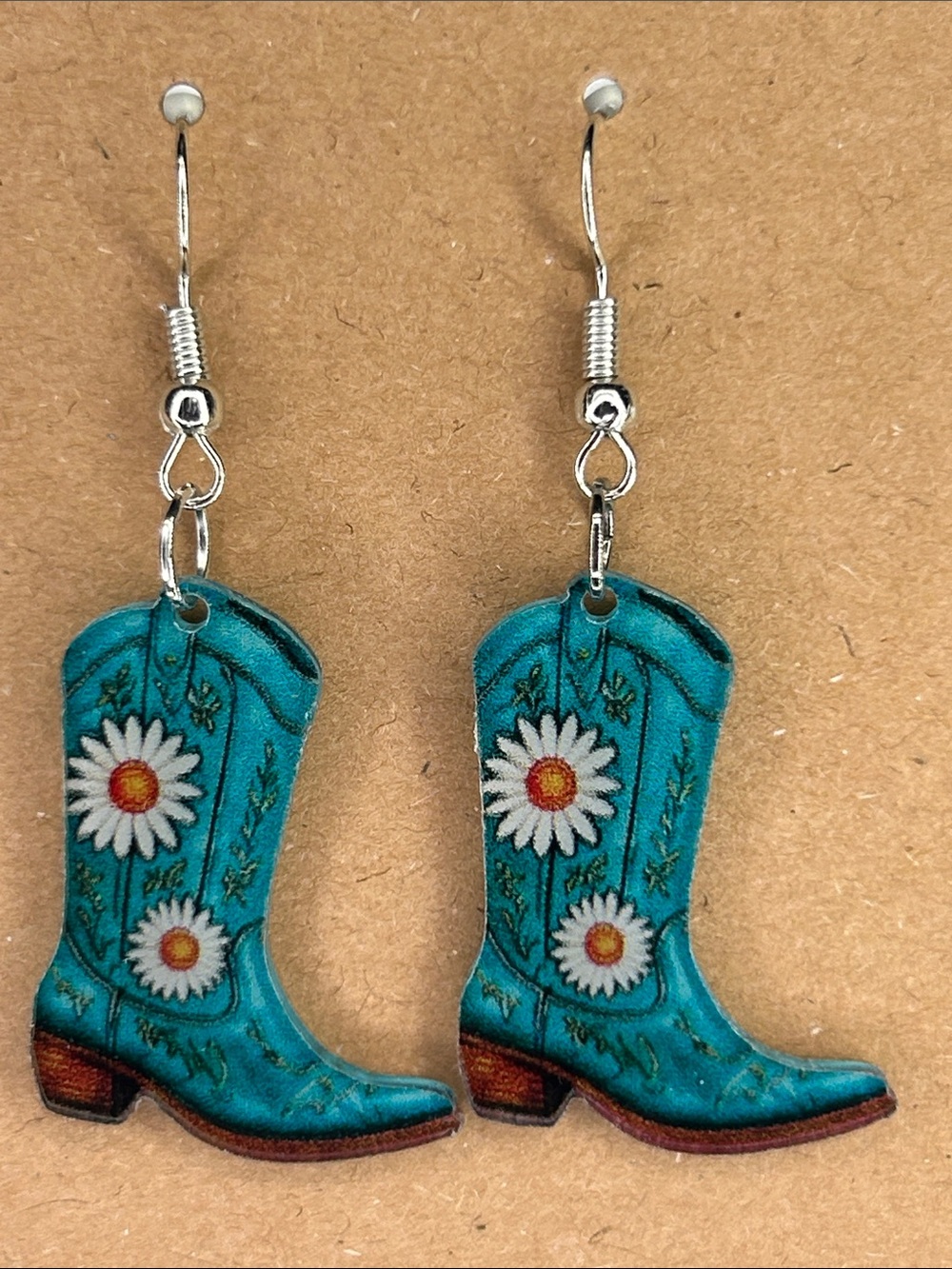 Turquoise Daisy Cowboy Boot Drop Earrings - Fashion Jewelry Accessories